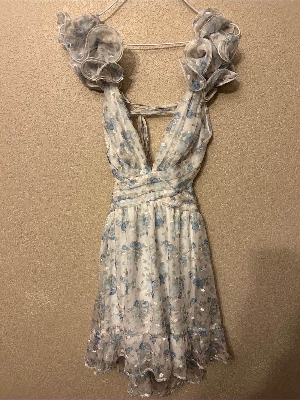 Windsor Light Blue and White Floral Ruffle Mini Dress